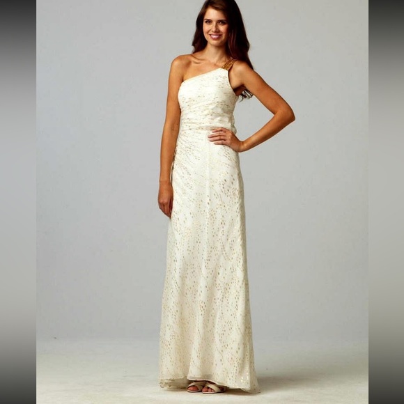 Worn Once! AIDAN MATTOX Silk One Shoulder Maxi White/Gold - Picture 2 of 12